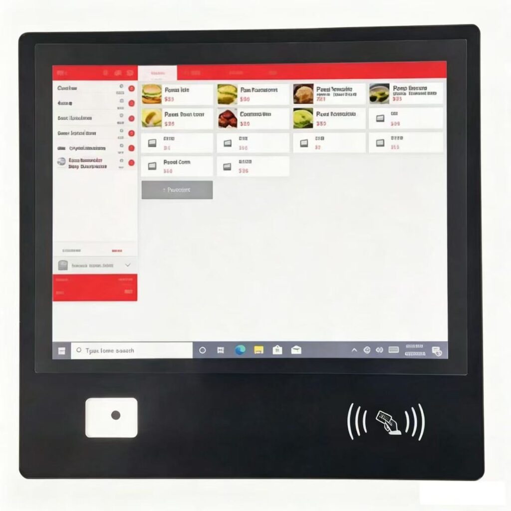 Intelligent self-service cashier terminal with 15-inch touch screen, scanning module and NFC payment area for retail and catering checkout.