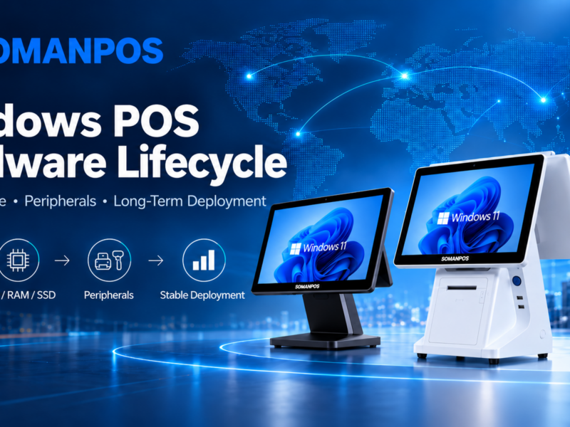 Windows POS system hardware lifecycle with dual-screen POS terminal, self-service kiosk and peripherals